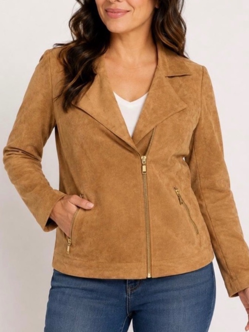 NWT Chico’s Petite Tan Vegan Suede Washable Moto Jacket Sz SP 4-6P